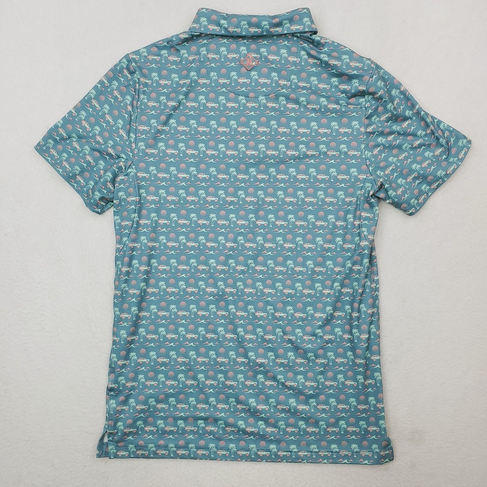 Burlebo Polo Shirt Mens Small Blue Beach Jeep Palm Tree Golf Print Stretch - Picture 7 of 10